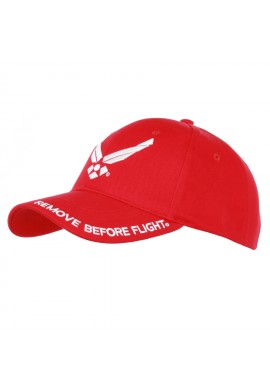 GORRA MODELO CLÁSICO EN COLOR ROJO CON EL LEMA  ``REMOVE BEFORE FLIGHT``  MATERIAL 100% ALGODÓN